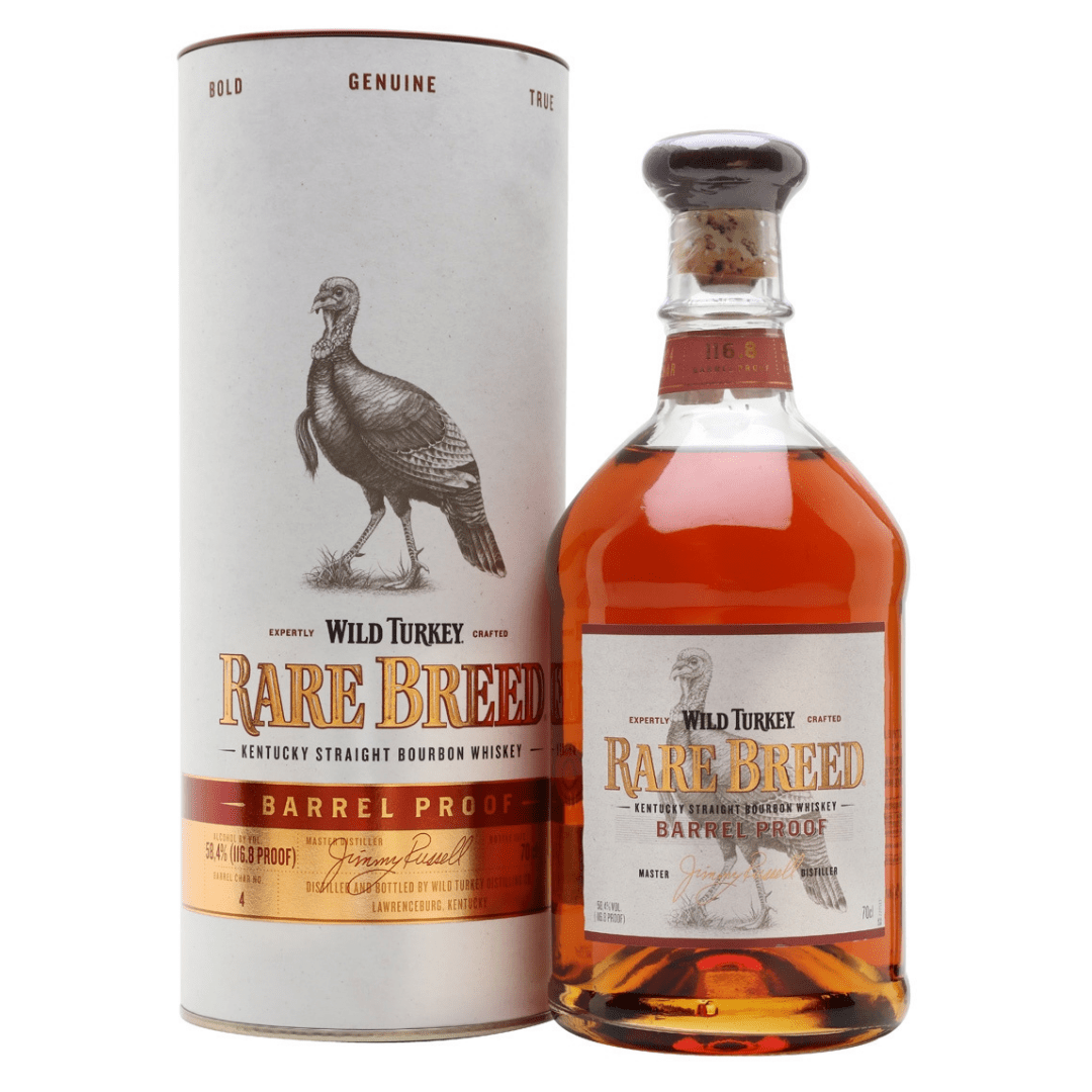 A photo of a bottle of Wild Turkey Rare Breed Kentucky Straight Bourbon Whiskey. The bottle is tall and brown with a black label. The label features the brand name