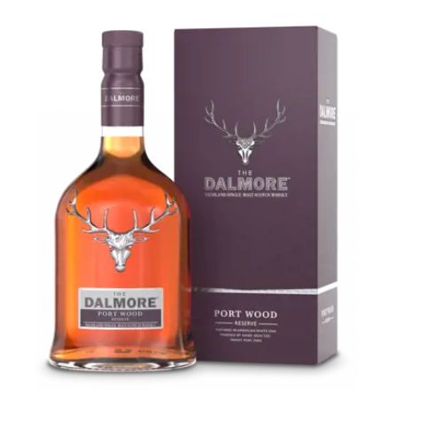 
                  
                    A photo of a bottle of The Dalmore Port Wood Reserve single malt scotch whisky. The bottle is slender and tall with a black and gold label. The label text includes "THE DALMORE," "PORT WOOD RESERVE," and "SINGLE MALT SCOTCH WHISKY." There is also a stag logo and other text that is difficult to read at this resolution. The bottle sits on a table with a black background.
                  
                