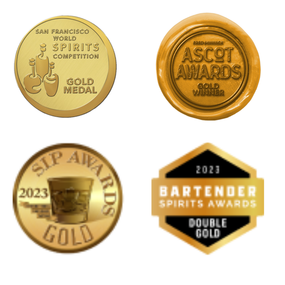 
                  
                    A photo of a group of three gold medals on a white background. The medals are from left to right: San Francisco World Spirits Competition, Ascot Awards, and Bartenders Spirits Awards. All three medals say "GOLD MEDAL" and "2023" on them. The San Francisco World Spirits Competition medal also has the text "SAN FRANCISCO WORLD SPIRITS COMPETITION". The Ascot Awards medal also has the text "ASCOT AWARDS" and "WIDER". The Bartenders Spirits Awards medal also has the text "BARTENDER SPIRITS AWARDS" and "DOUBLE G
                  
                