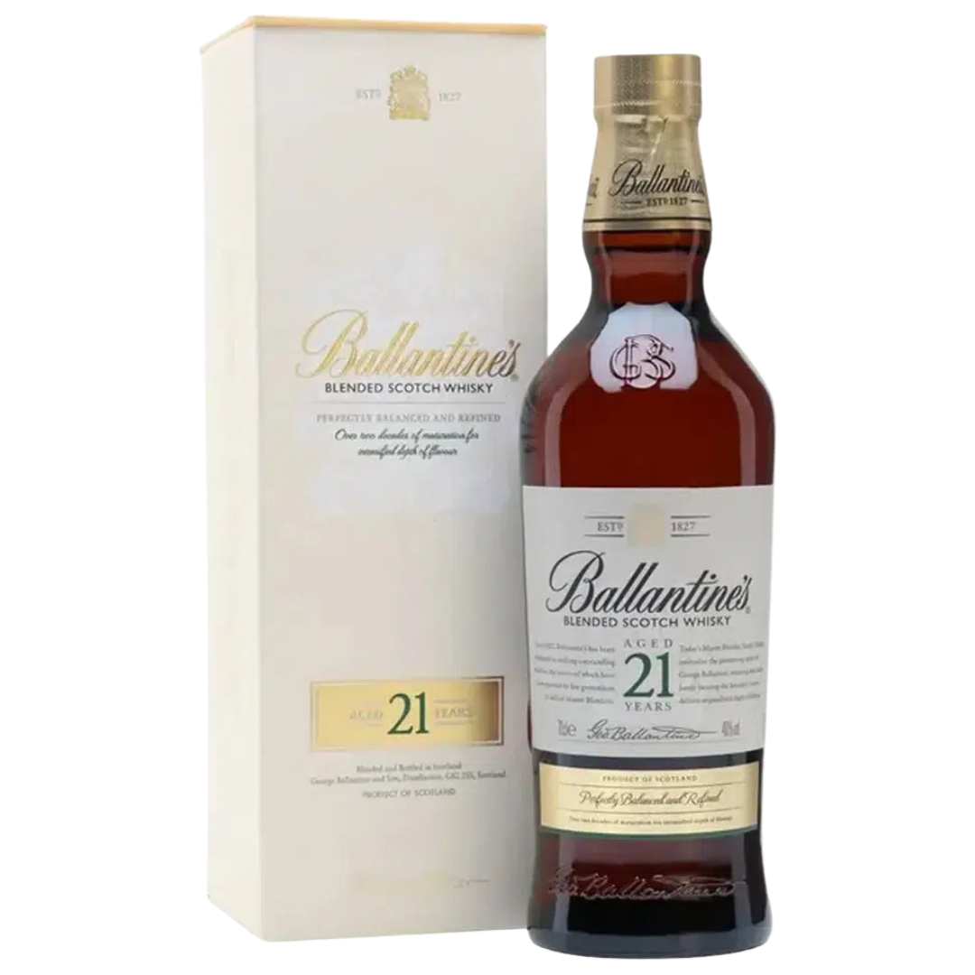 Ballantine's 21-year-old blended Scotch whisky bottle and box on a white background