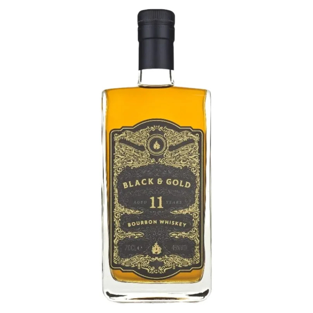 Bottle of Black & Gold 11-year-old bourbon whiskey on a white background
