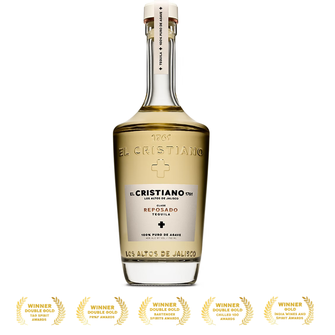 A bottle of El Cristiano Reposado Tequila centered on a white background, with five gold award laurel graphics aligned along the bottom edge.