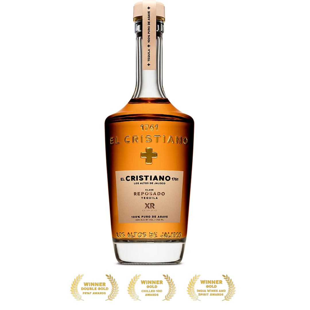 A bottle of El Cristiano Reposado Tequila XR with amber liquid, a beige label, and gold lettering, shown on a white background with three gold award badges at the bottom.