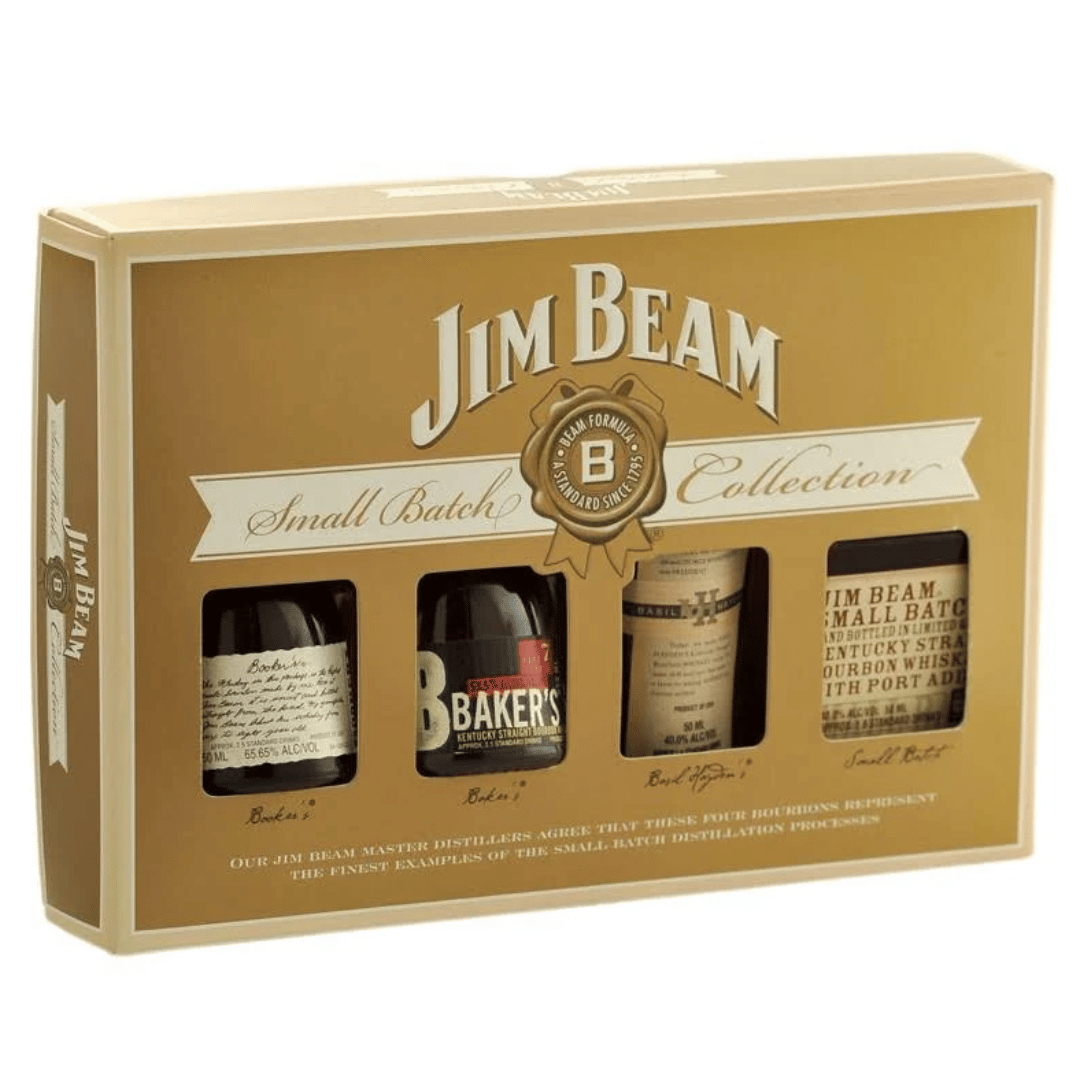 Jim Beam Small Batch Collection gift set in a gold-colored box, featuring four small bottles of whiskey distillations visible through cutouts on the front.