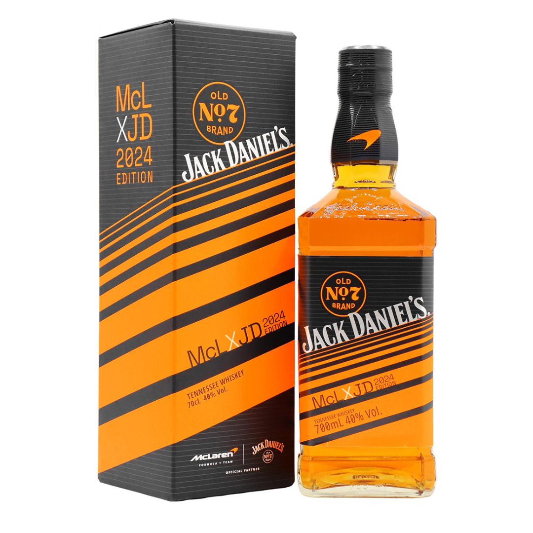 Jack Daniel's bottle and packaging with McLaren logo on a white background