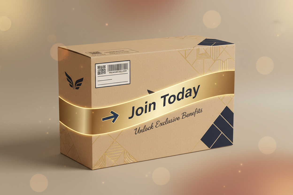 Create an image thats illustrates join today with a courier parcel