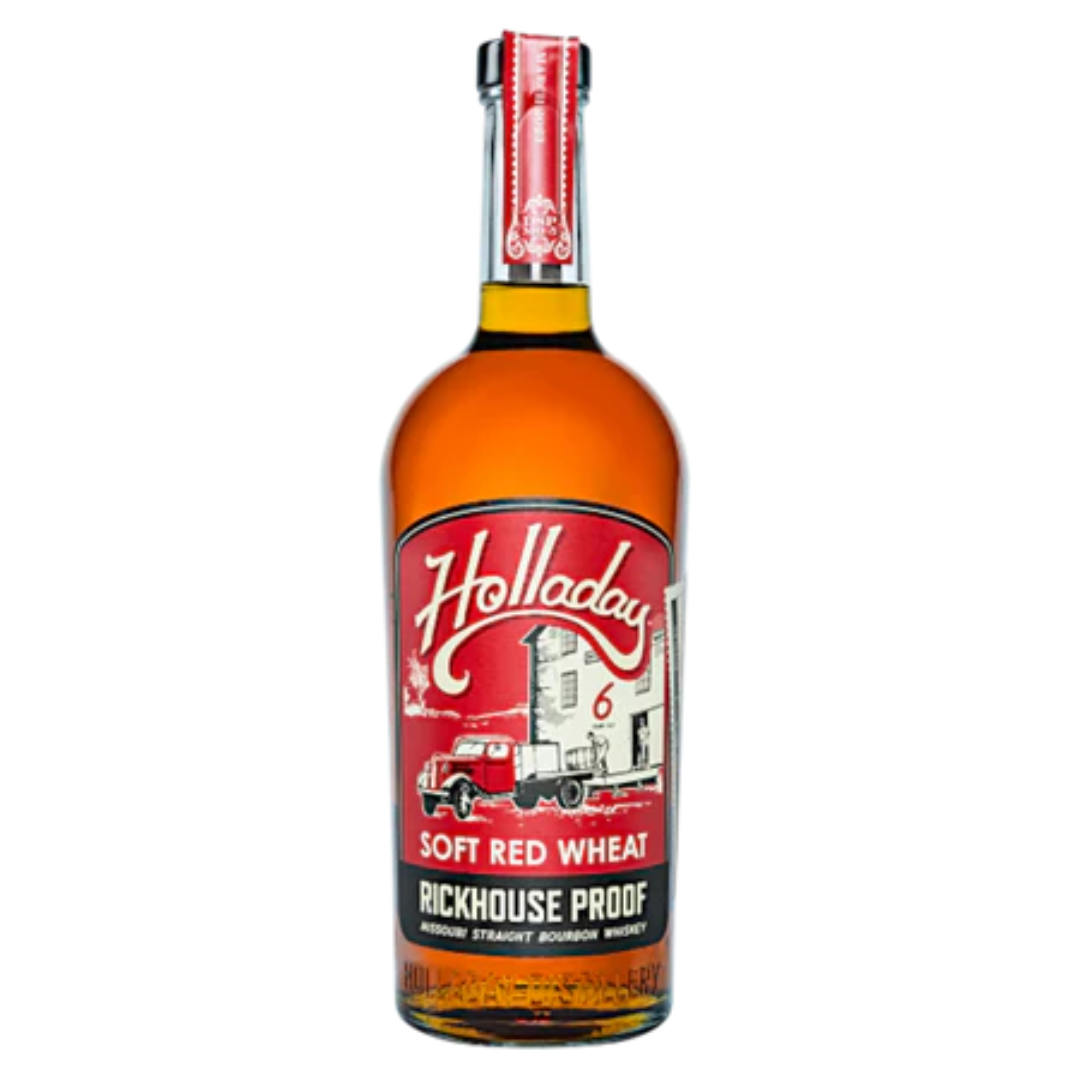 Bottle of Holladay soft red wheat bourbon whiskey on a white background